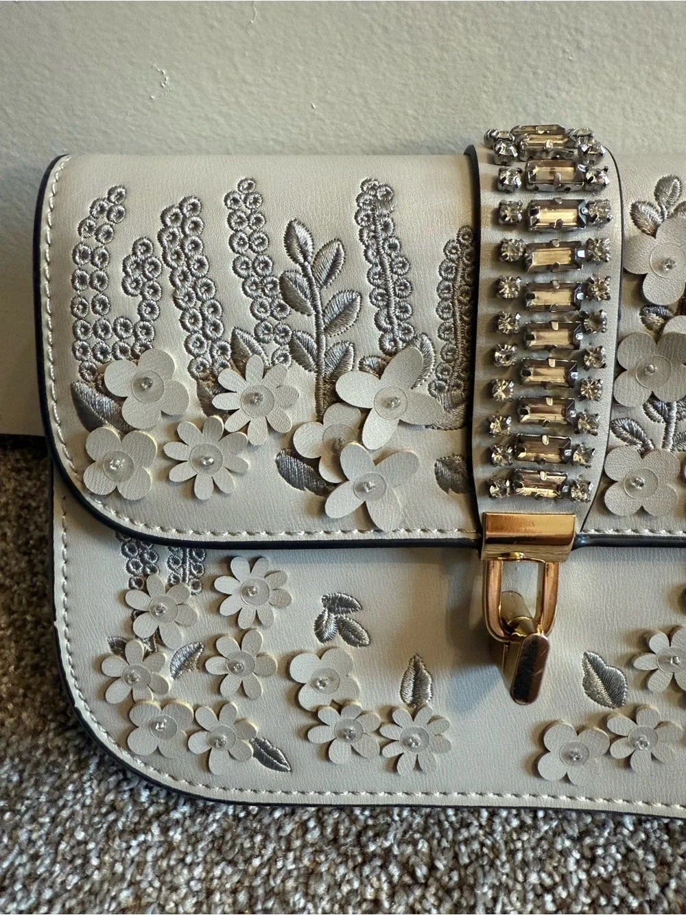 Light Grey Floral/Beaded Appliqué Crossbody Bag with Gold Chain